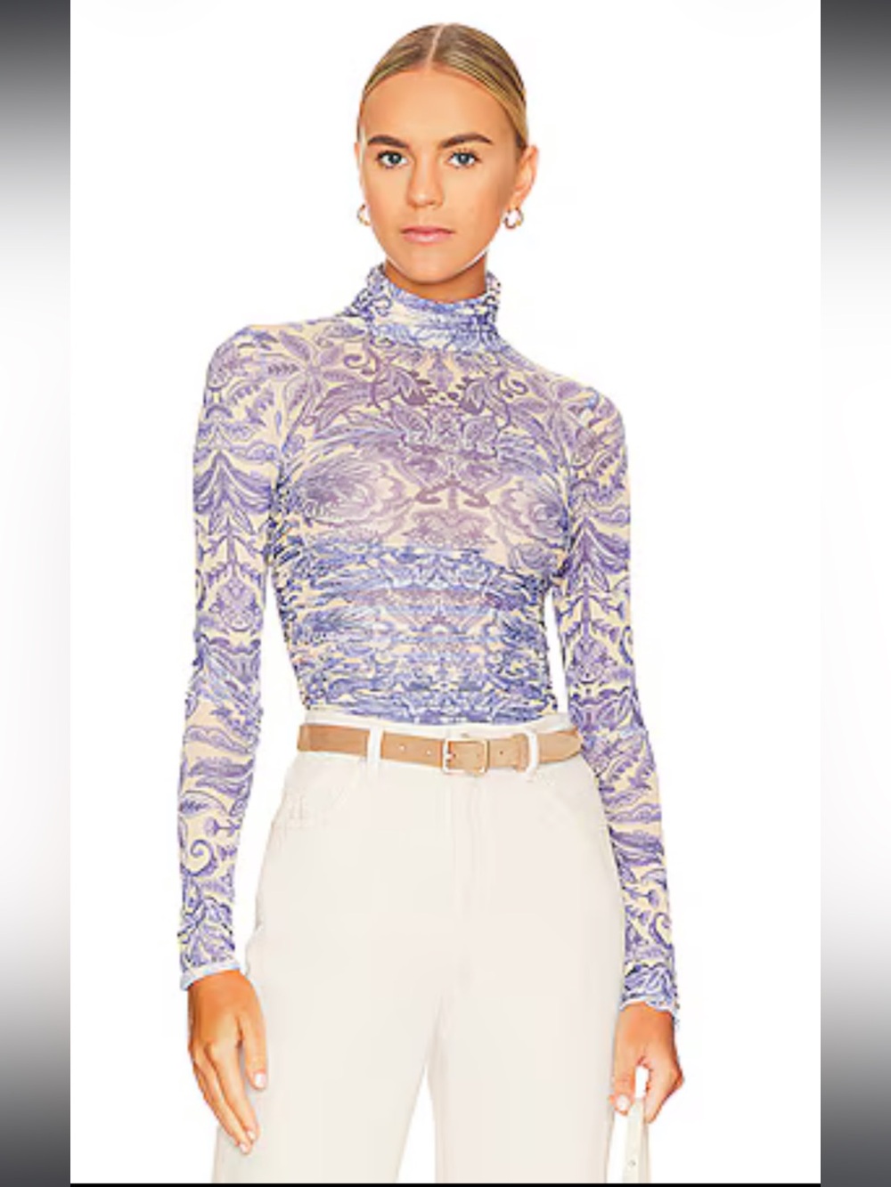 Free People Lavender Paisley Sheer Mock Neck Bodysuit